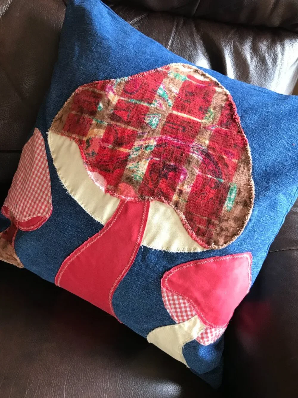 Mushroom Pillow Cover, Handmade 18 x 18 Whimsical Cottagecore Recycled Denim